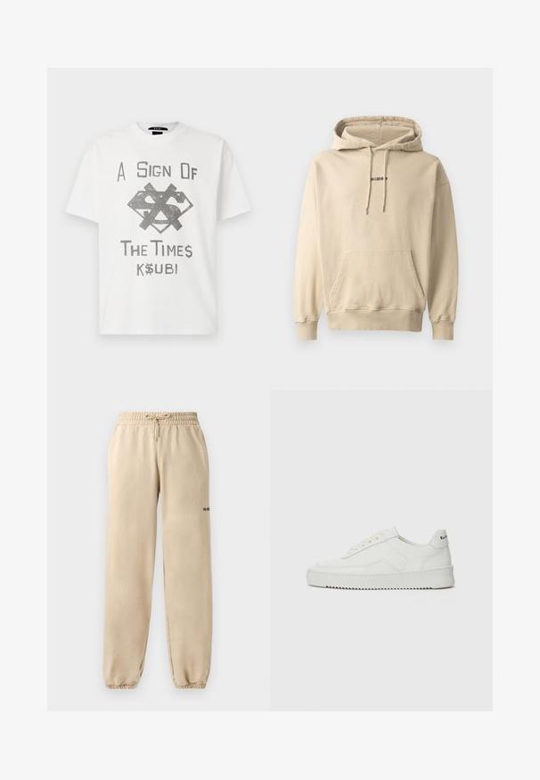 Light beige hooded sweatshirt made of cotton blend. Features a front pocket, ribbed cuffs, and a small brand logo on the chest.; White cotton t-shirt featuring gray printed text and graphics, including a crossed-out dollar sign and stylized letters, with short sleeves.; Beige sweatpants with an elastic waistband and drawstring, featuring a cuffed hem and minimal branding on the side. Smooth texture.; White leather sneaker with a smooth finish, round toe, flat laces, and a textured sole. Features a subtle logo on the heel.