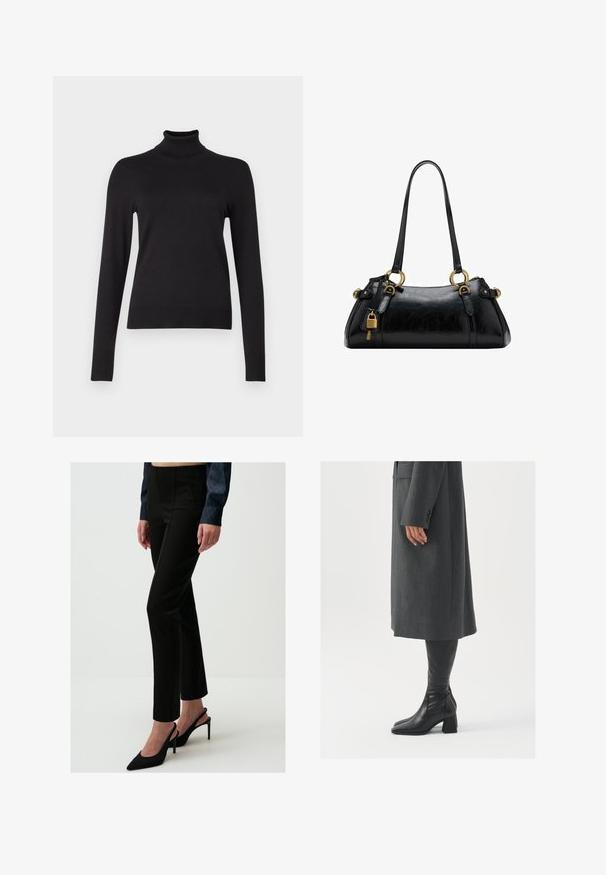 JJXX JXADA COMFY ROLL NECK - Maglione - black; Pantaloni neri su misura con un design elegante, caratterizzati da una vestibilità slim e dettagli delle cuciture verticali. Indossati con tacchi a punta neri.; Cappotto grigio su misura con taglio dritto; abbinato a stivali in pelle nera al ginocchio con punta quadrata e tacco grosso.; Borsa a mano in pelle nera con una texture liscia, forma arrotondata, dettagli in hardware dorato e doppi manici. Presenta un lucchetto decorativo sul lato.