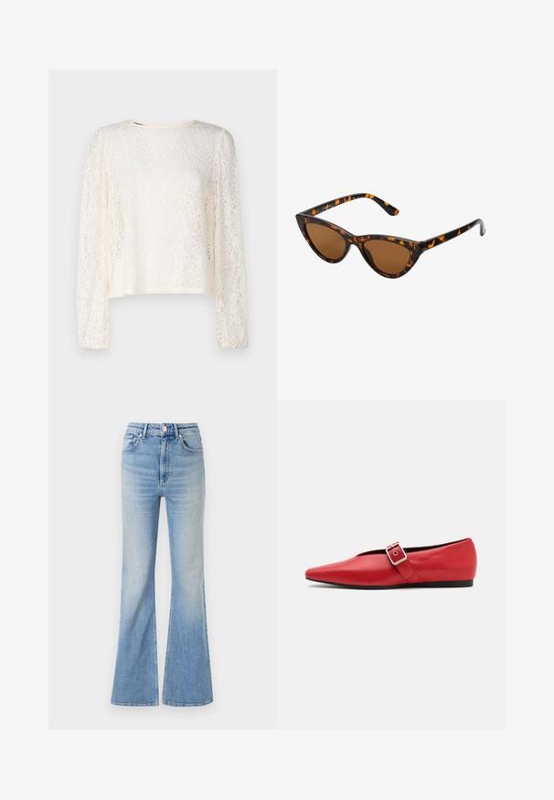 Pull gris, court, fabriqué en tissu texturé. Présente un col montant et deux poches avant avec une coupe décontractée. Manches longues.; Haut à manches longues en dentelle de couleur blanc cassé avec un col rond. Il présente des motifs floraux délicats et une coupe ample avec des poignets de manches froncés.; Jean évasé bleu clair en denim, doté d'une taille haute, d'un design à cinq poches et d'un dégradé subtil vers l'ourlet.; Ballerine en cuir rouge avec une pointe pointue, comportant une lanière sur le côté avec une boucle en métal et un petit talon noir. Texture lisse sur l'ensemble.; Lunettes de soleil style œil de chat avec une monture en écaille de tortue noire et orange, verres marron et pointes effilées et élégantes. Présente un logo minimaliste sur la branche.