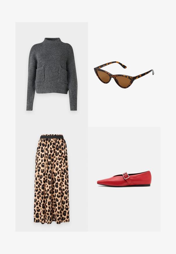 Pelēks, īsais džemperis, izgatavots no teksturēta auduma. Tam ir augsts apkakles izgriezums un divas priekšējās kabatas ar brīvu piegriezumu. Garas piedurknes.; Leoparda raksta maksi svārki ar melnu elastīgu jostu, kas izceļas ar gludu, plūstošu audumu un izplestu siluetu.; Sarkanais ādas plakanās kurpes ar smailu purngalu, ar sānu siksnu un metāla sprādzi, kā arī zemu melnu papēdi. Visa virsma ir gluda.; Kaķa acs saulesbrilles ar melnu un oranžu bruņurupuču rakstu rāmi, brūnām lēcām un elegantiem, norādītiem galiem. Rāmī ir minimālists logos uz tempļa.