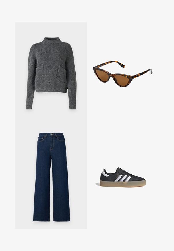 Grå, kort sweater laget av teksturert stoff. Har en høy hals og to frontlommer med en avslappet passform. Lange ermer.; Vide benbukser laget av mørk denim, med høy midje, klassisk femlomme-design og kontrasterende sømmer langs sømmene.; Svart lær atletisk sko med tre sølvstriper, teksturert tå og gummisåle. Har polstret krage og snøring.; Kattøye solbriller med en svart og oransje skjellramme, brune linser og elegante, spisse tupper. Har en minimalistisk logo på stangen.