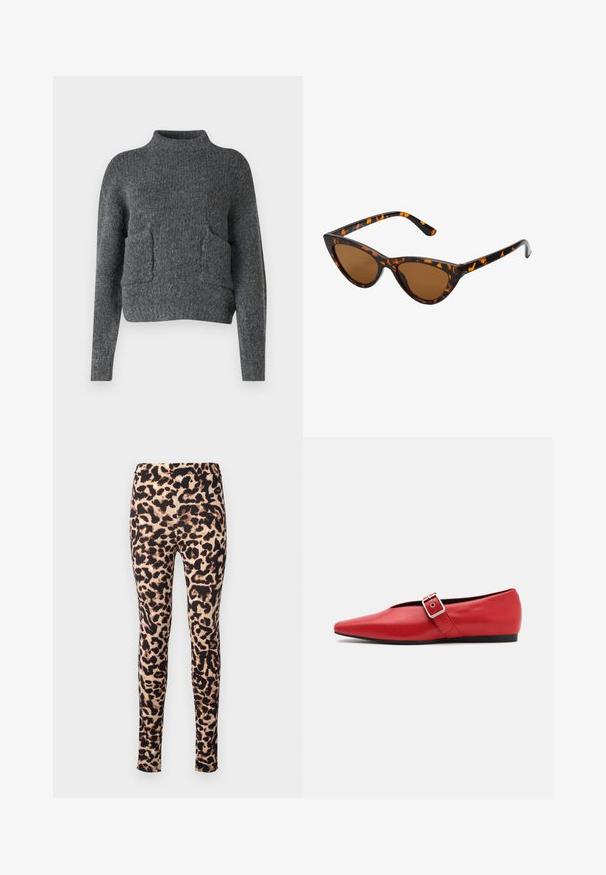 Harmaa, lyhennetty neulepaita, joka on valmistettu teksturoidusta kankaasta. Siinä on korkea kaulus ja kaksi etutaskua rennossa mallissa. Pitkät hihat.; Leggins leopardikuosi, joissa on sileä, joustava kangas, keskikorkea vyötärö ja vartalonmyötäinen siluetti. Kuosi ruskean ja mustan sävyissä.; Punainen nahkainen tasapohjainen kenkä, jossa on terävä kärki, sivuhihna metalli soljella ja matala musta korko. Tasainen pintakäsittely.; Kattöga solglasögon med en svart och orange sköldpaddsmönstrad båge, bruna linser och slanka, spetsiga spetsar. Har en minimal logotyp på skalmen.
