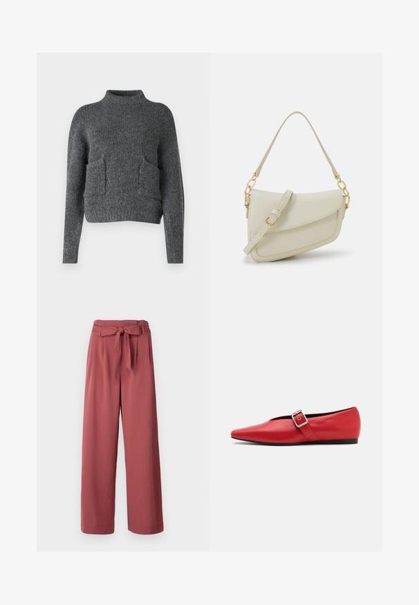 Sivi, skraćeni duks izrađen od teksturirane tkanine. Ima visoki ovratnik i dva prednja džepa te ležeran kroj. Dugi rukavi.; Hlače širokih nogavica u boji prašnato ružičaste, izrađene od mekog materijala, s remenom vezanim u struku i bočnim džepovima.; Crvene kožne ravne cipele sa špicastim vrhom, koje imaju bočnu traku s metalnom kopčom i nizak crni potplat. Glatka tekstura kroz cijelu cipelu.; Mala krem torbica s teksturiranim finišom, dugačkim podesivim remenom, lančanim detaljem i preklopom. Zlaćani hardver.; Srebrne naušnice s obručima i uvijenim dizajnom, s poliranim završetkom i pričvršćivanjem na stražnjoj strani. Mjere otprilike 3 cm u promjeru.