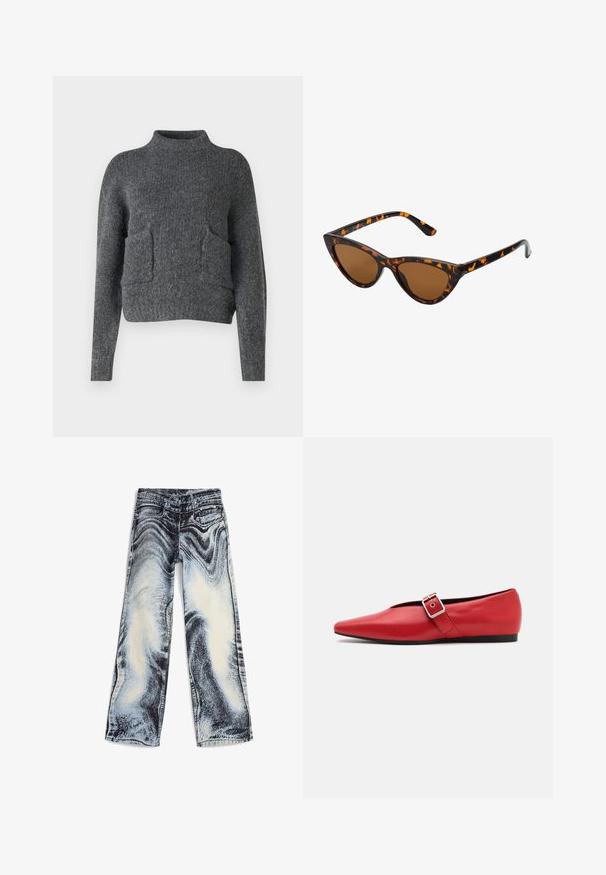 Grå, kortad tröja i strukturerad tyg. Har en hög krage och två framfickor med en avslappnad passform. Långa ärmar.; Vida jeans med vida ben som har ett blått och vitt marmor mönster, tillverkade av denim med en blekt textur, fem fickor och metallbeslag.; Röd läderballerinasko med spetsig tå, försedd med en sidrem med en metalldolk och en låg svart klack. Slät textur genom hela skon.; Kattögon-solglasögon med en ram i svart och orange sköldpaddsmönster, bruna linser och smala, spetsiga tips. Har en minimalistisk logotyp på bågen.