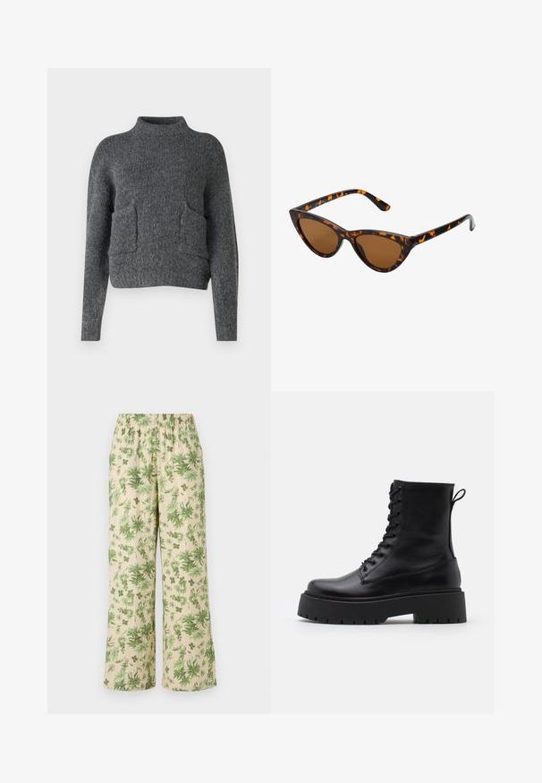 Harmaa, lyhennetty neulepaita, joka on valmistettu teksturoidusta kankaasta. Siinä on korkea kaulus ja kaksi etutaskua rennossa mallissa. Pitkät hihat.; Kukallinen printti leveälahkeiset housut, joissa on joustavyö; vihreitä lehtiä vaaleanbeige taustalla ja teksturoitu kangaspinta.; Musta nahkainen nilkkureita, joissa on pyöreä kärki, nauhakiinnitys edessä ja paksu kumipohja, jossa on teksturoitu pinta. Takana vetotappi.; Kattöga solglasögon med en svart och orange sköldpaddsmönstrad båge, bruna linser och slanka, spetsiga spetsar. Har en minimal logotyp på skalmen.