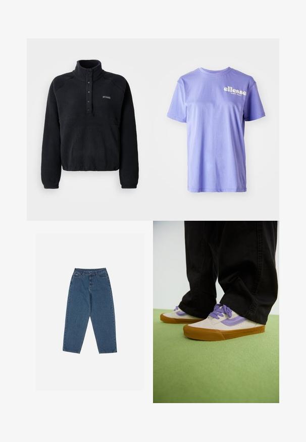 Melna flīsa pulovers ar pogu apkakli un Columbia logo kreisajā krūtī, ar garām piedurknēm un ērtu, teksturētu audumu.; Violets kokvilnas T-krekls ar apaļu kakla izgriezumu, īsām piedurknēm un baltu "ellesse" logotipa tekstu, kas izdrukāts priekšā. Gluda tekstūra.; Zilā džinsu auduma bikses ar brīvu piegriezumu, augstu jostasvietu, piecu kabatu dizainu un šuvju akcentiem. Iekļauts pogu un rāvējslēdzēja aizdare.; Gaišs beiges kedas ar violetiem akcentiem, gumijas zole un plakaniem sasienami. Valkāti ar melniem biksēm, novietoti uz zaļas teksturētas virsmas.