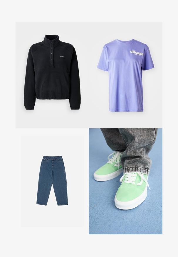 Pulover negru din polar cu guler cu butoane prin presare și logo Columbia pe pieptul stâng, având mâneci lungi și un material texturat și confortabil.; Tricou din bumbac de culoare purpurie, cu decolteu rotund, mâneci scurte și textul alb "ellesse" imprimat pe față. Textură netedă.; Jeans din denim albastru cu o croială relaxată, talie înaltă, design cu cinci buzunare și accente cusute. Dispune de un sistem de închidere cu buton și fermoar.; Persoană îmbrăcată cu adidași verde deschis și albi, cu șireturi albe, și blugi negri decolorati, stând pe un podea texturată albastră.