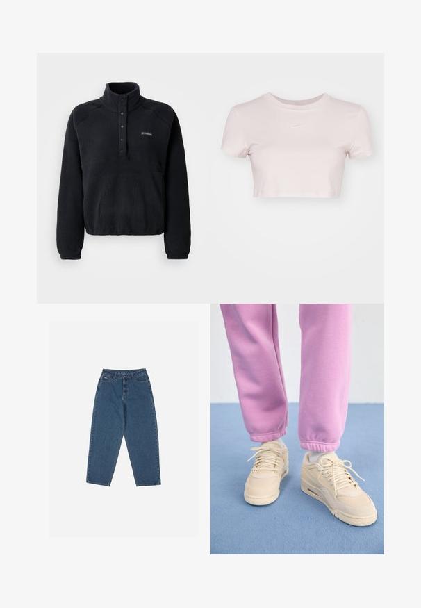 Czarny polarowy pulowerek z kołnierzem na zatrzaski i logo Columbia po lewej stronie klatki piersiowej, z długimi rękawami i przyjemnym, teksturowanym materiałem.; Przycięta koszulka w jasnym różu, wykonana z miękkiego materiału. Posiada okrągły dekolt i krótkie rękawy z małym białym logo Nike na klatce piersiowej.; Niebieskie dżinsy o luźnym kroju, wysoki stan, pięć kieszeni i akcenty przeszycia. Posiadają zapięcie na guzik i zamek błyskawiczny.; Beżowe sneakersy z teksturowaną cholewką, wyściółką na języku i sznurowanym zapięciem, w zestawie z dopasowanymi różowymi dresami z prążkowanymi mankietami.