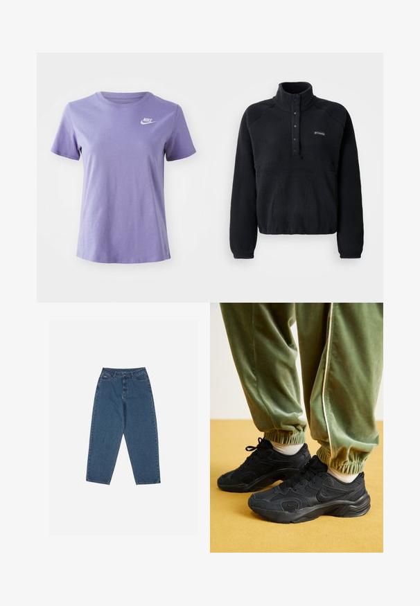 Črn flis pulover s kragnico na snemalne gumbe in Columbia logotipom na levem prsnem delu, ki ima dolge rokave in prijeten, teksturiran material.; Vijolična bombažna majica s kratkimi rokavi in krožnim ovratnikom, ki na levem delu prsnega koša prikazuje belo Nike logo.; Modre traperke z ohlapnim krojem, visokim pasom, petimi žepi in poudarjenim šivanjem. Imajo gumb in zadrgo za zapiranje.; Črne športne teniske z mrežasto in sintetično prevleko, z teksturiranim podplatom, v kombinaciji z zelenimi trenirkami z elastičnimi manšetami, na rumeni površini.