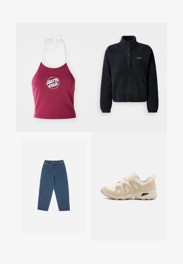 Pulover negru din polar cu guler cu butoane prin presare și logo Columbia pe pieptul stâng, având mâneci lungi și un material texturat și confortabil.; Top scurt cu bretele în nuanță maronie, cu margini albe, având un logo circular cu „Santa Cruz” în alb, realizat dintr-un material de bumbac cu striații.; Jeans din denim albastru cu o croială relaxată, talie înaltă, design cu cinci buzunare și accente cusute. Dispune de un sistem de închidere cu buton și fermoar.; Pantofii sport bej și crem au un superior din plasă texturată, suprapuneri de susținere și o talpă din cauciuc cu un model de profil pentru aderență.