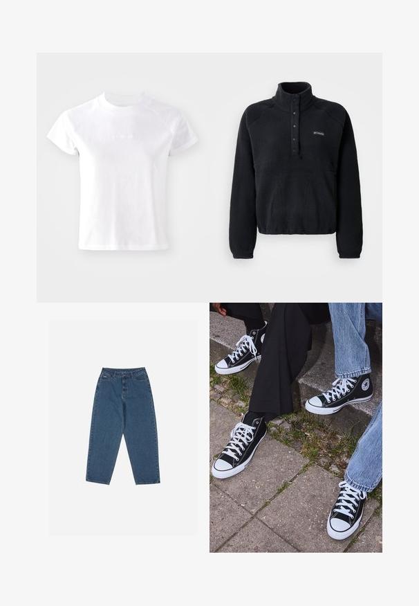 Juodas flisinis megztinis su spaudžių mygtukais ant apykaklės ir Columbia logotipu kairėje krūtinės pusėje, turintis ilgomis rankovėmis ir jaukią, tekstūruotą medžiagą.; Balta trumpa rankovėmis marškinėliai su apvaliu iškirpimu, pagaminti iš minkštos medvilnės. Pirmoje pusėje yra subtilus logotipas ir laisvas kirpimas.; Mėlyni džinsai su laisvu siluetu, aukštu juosmeniu, penkių kišenių dizainu ir siuvinio akcentais. Su mygtuku ir užtrauktuku.; Juoda aukšta avalynė iš kanvos su baltais guminiais padais ir raišteliais, su apvaliu logotipu šone, derinama su džinsais ir juodomis kelnėmis.