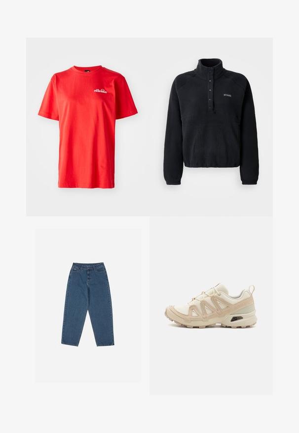 Crni flis pulover s okovom na dugme i Columbia logotipom na lijevoj strani prsiju, s dugim rukavima i udobnim, teksturiranim materijalom.; Crvena pamučna majica kratkih rukava, okruglog izreza, s malim bijelim logotipom na prsima. Glatka tekstura s klasičnim krojem.; Plave traperice s opuštenim krojem, visokim strukom, dizajnom s pet džepova i naglašenim šavovima. Imaju kopčanje na gumb i patentni zatvarač.; Bež i kremasti sportski tenisice s teksturiranim mrežastim gornjim dijelom, potpornih preklopa i gumeni potplat s uzorcima za prianjanje.