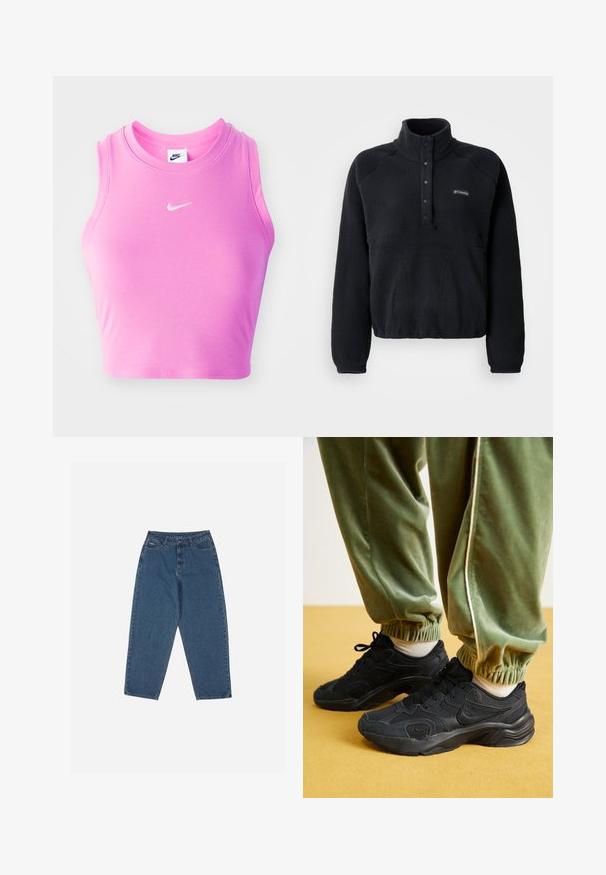 Černý fleecový pulovr s límcem na cvoky a logem Columbia na levé hrudi, s dlouhými rukávy a příjemným, texturovaným materiálem.; Růžový bezrukávový crop top vyrobený z žebrované látky, s kulatým výstřihem a malým bílým logem Nike swoosh uprostřed přední části.; Modré džíny z denimu s volným střihem, vysokým pasem, pěticí kapsami a akcenty prošití. Mají zapínání na knoflík a zip.; Černé sportovní tenisky s síťovinou a syntetickými překryvy, s texturovanou podrážkou, spárované se zelenými tepláky s elastickými manžetami, na žlutém povrchu.