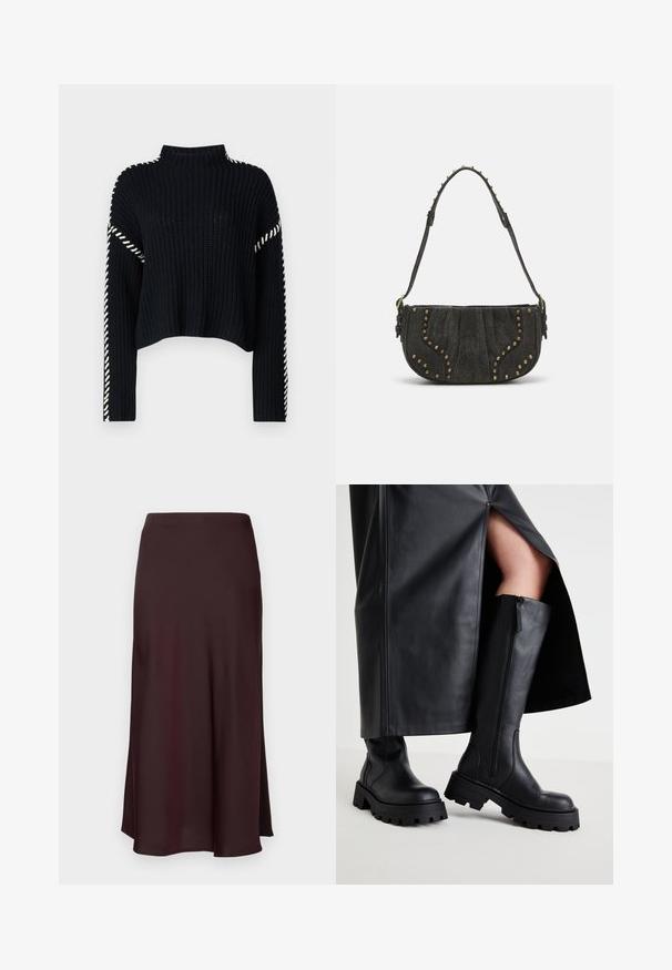 Vero Moda VMNEWCREAM czarny; Burgundowa satynowa spódnica midi o gładkiej fakturze, prostym kroju i lekko rozkloszowanym dole. Bez widocznych wzorów ani elementów metalowych.; Czarne kozaki do kolan z grubą podeszwą, gładką teksturą skóry, bocznym zamkiem i minimalistycznym designem, zestawione z czarną spódnicą z rozcięciem.; Czarna skórzana torebka z zaokrąglonym kształtem, z elementami nitowymi i teksturowaną powierzchnią. Regulowany pasek z detalami w postaci ćwieków wzdłuż brzegu.; Złote kolczyki w kształcie cienkich okrągłych obręczy, o gładkim metalicznym wykończeniu, bez zdobień czy wzorów.