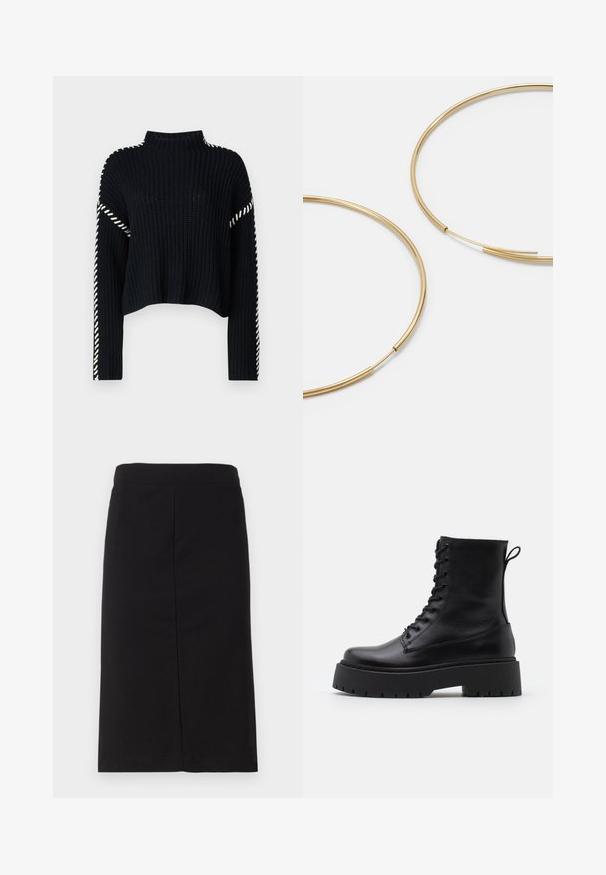 Vero Moda VMNEWCREAM FUNNELNECK PULLOVER - Džemperis - black/birch; Juodas iki kelių pieštuko sijonas, pagamintas iš minkštos medžiagos, su lygiu juosmeniu ir tiesia siluetu be akivaizdžių dekoracijų.; Juodos odinės aulinukės su apvalia nosimi, raišteliais priekyje ir storesniu guminio pado apačioje su tekstūruotu raštu. Priekyje yra kilputė.; Aukso spalvos žiedo auskarai, ploni ir apvalūs, su lygiu metaliniu paviršiumi be papuošimų ar raštų.