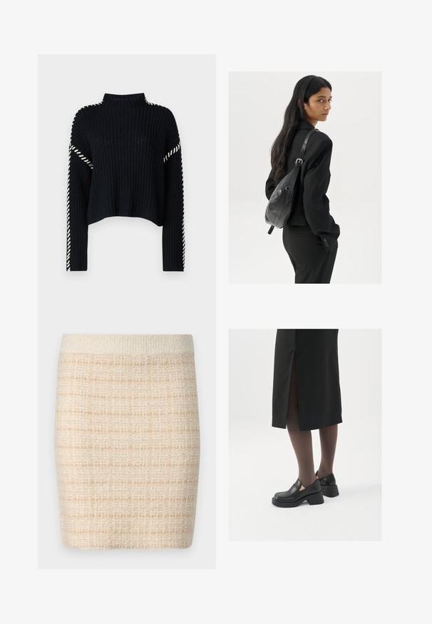 Vero Moda VMNEWCREAM FUNNELNECK PULLOVER - Pullover - black/birch; Jupe mini en tricot beige avec un motif à carreaux texturé, dotée d'une taille unie couleur crème. Longueur mi-cuisse, tissu doux.; Chaussures noires en cuir avec un bout arrondi, un épais talon bloc et des accents latéraux élastiques, associées à des bas foncés et une jupe noire avec une fente.; Femme avec de longs cheveux foncés portant un costume noir, portant un sac à épaule en cuir noir, regardant par-dessus son épaule contre un fond blanc.; Boucles d'oreilles en argent au design minimaliste. Forme circulaire, texture lisse et profil fin. Légères avec une finition polie.