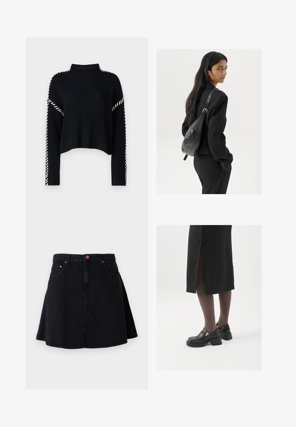 Vero Moda VMNEWCREAM FUNNELNECK PULLOVER - Neule - black/birch; Musta farkkuhame, jossa on levenevä muotoilu, etutaskut ja vaaleanpunaiset metalliosat vyötäröllä sekä taskujen reunoilla.; Mustat nahkakengät pyöreällä kärjellä, paksulla lohkopohjalla ja joustavilla sivuakkesseilla, yhdistettynä tummiin sukkahousuihin ja mustaan hameeseen, jossa on halkio.; Nainen, jolla on pitkä tumma hius, pukeutuneena mustaan pukuun, kantaa mustaa nahkatoimistolaukku ja katsoo yli olkansa valkoista taustaa vasten.; Hopehope hopeilla, joissa on minimalistinen muotoilu. Pyöreä muoto, sileä pinta ja ohut profiili. Kevyet ja kiillotetut.