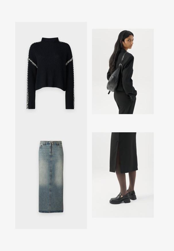 Vero Moda VMNEWCREAM FUNNELNECK PULLOVER - Camisola - black/birch; Saia midi de ganga em azul claro com um acabamento desbotado. Apresenta um fecho de correr e botão na frente, corte reto e detalhes de costura mínimos.; Sapatos de couro pretos com bico arredondado, salto bloco grosso e detalhes elásticos laterais, combinados com meias escuras e uma saia preta com uma abertura.; Mulher com cabelo longo e escuro, vestindo um fato preto, carregando uma mala de ombro em pele preta, olhando por cima do ombro contra um fundo branco.