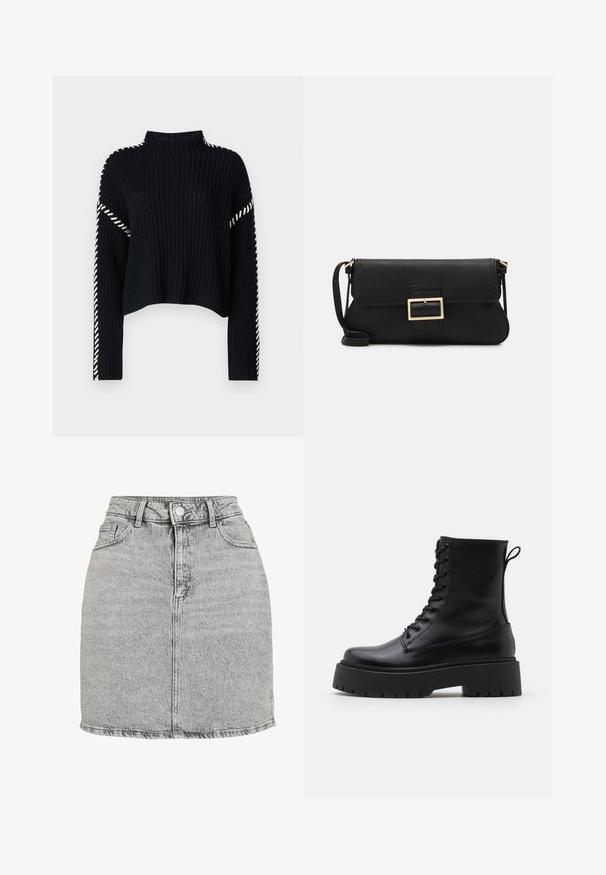 Vero Moda VMNEWCREAM FUNNELNECK PULLOVER - Strikkegenser - black/birch; Grå denimskjørt med høy midje, frontknappepakning og to sidelommer. Har en frynset kant og en subtil steinvasket tekstur.; Sorte skinn ankelstøvler med rund tå, snøring foran og tykk gummisåle med teksturert mønster. Håndtak bak.; Svart lær clutch-veske med klaff og detalj i gullmetall. Inkluderer en svart stropp og et strømlinjeformet, minimalistisk design.