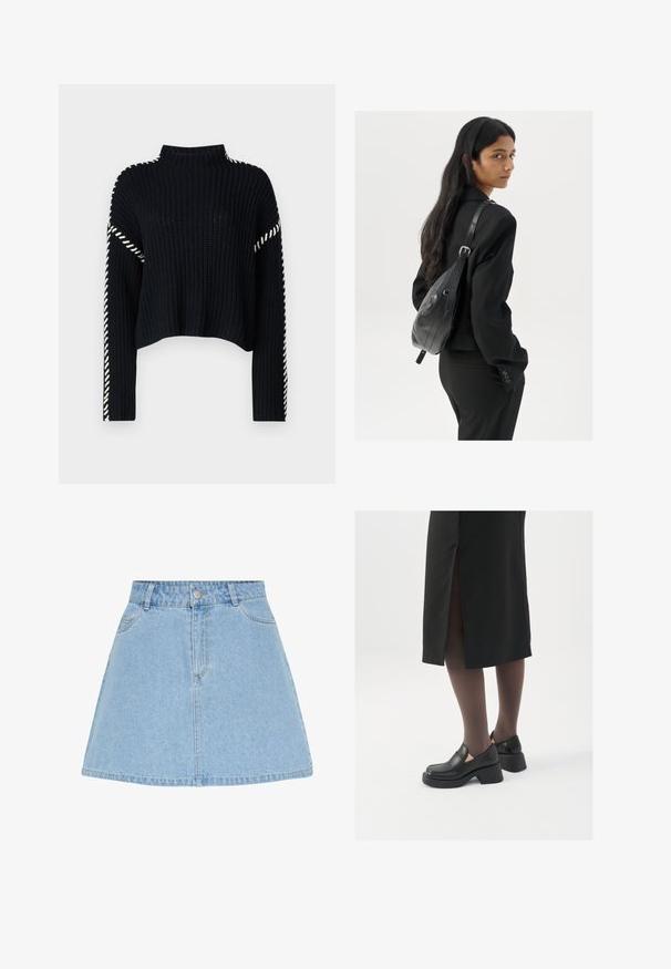 Vero Moda VMNEWCREAM FUNNELNECK PULLOVER - Džemperis - black/birch; Šviesiai mėlynas džinsinis sijonas su platėjantis siluetu, aukštu liemeniu, priekinėmis kišenėmis ir sidabro spalvos sagute liemens srityje; be matomų raštų.; Juodos odinės bateliai su apvaliu nosiu, stora blokine pakulne ir elastingais šonais, derinami su tamsiomis pėdkelnėmis ir juoda sijonu su plyšiu.; Moteris su ilgais tamsiais plaukais, vilkinti juodą kostiumą, nešanti juodą odinę rankinę per petį, žvelgia per petį prieš balto fono.; Sidabrinės pusmėnulio auskarai minimalistiniu dizainu. Apskritimo forma, lygus paviršius ir plonas profilis. Lengvi su poliruotu apdailu.