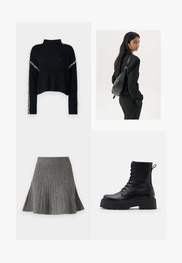 Vero Moda VMNEWCREAM FUNNELNECK PULLOVER - Svetrík - black/birch; Sivá plisovaná sukňa vyrobená z jemného materiálu. Obsahuje rebrovaný pás a má rozšírený tvar, čím poskytuje textúrovaný vzhľad.; Čierne kožené členkové topánky s okrúhlou špičkou, šnurovaním vpredu a hrubou gumovou podrážkou s textúrovaným vzorom. Sťahovací pútko na zadnej strane.; Žena s dlhými tmavými vlasmi, oblečená v čiernom obleku, nesúca čiernu koženú kabelku na ramene, pozerajúca cez rameno na bielom pozadí.