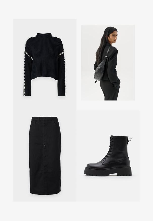 Vero Moda VMNEWCREAM FUNNELNECK PULLOVER - Pulover - black/birch; Fustă midi din denim negru, cu un siluetă dreaptă, închidere cu butoane în față și buzunare laterale. Prezintă un design clasic și o textură rezistentă.; Botine din piele neagră, până la gleznă, cu vârful rotund, șireturi în față și o talpă groasă din cauciuc cu un model texturat. Fâșie de tragere la spate.; Femeie cu păr lung și închis la culoare, îmbrăcată într-un costum negru, purtând o geantă de umăr din piele neagră, privind peste umăr, pe un fundal alb.