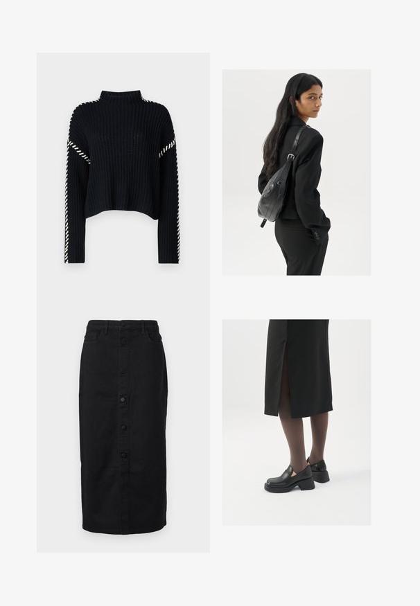 Vero Moda VMNEWCREAM FUNNELNECK PULLOVER - Džemperis - black/birch; Melna džinsu midi svārki ar taisnu siluetu, priekšējo pogu aizdari un sānu kabatām. Tiem ir klasiskas dizains un izturīga tekstūra.; Melni ādas apavi ar noapaļotu purngalu, biezām bloku papēžiem un elastīgiem sānu akcentiem, apvienoti ar tumšām zeķubiksēm un melnu svārku ar šķirbu.; Sieviete ar garām tumšām matiem, ģērbusies melnā uzvalkā, nēsā melnu ādas plecu somu un skatās pāri plecam uz balta fona.