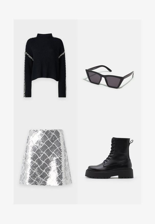 Vero Moda VMNEWCREAM FUNNELNECK PULLOVER - Strikkegenser - black/birch; Sølv- og svartmønstrete skjørt med en teksturert, metallisk finish. Designet har en rutenettlignende slangeskinnseffekt over hele.; Sorte skinn ankelstøvler med rund tå, snøring foran og tykk gummisåle med teksturert mønster. Håndtak bak.; Svarte, kantete solbriller med grå linser; laget av plast, med tykke stenger som har en glatt overflate og ingen synlige festemidler.