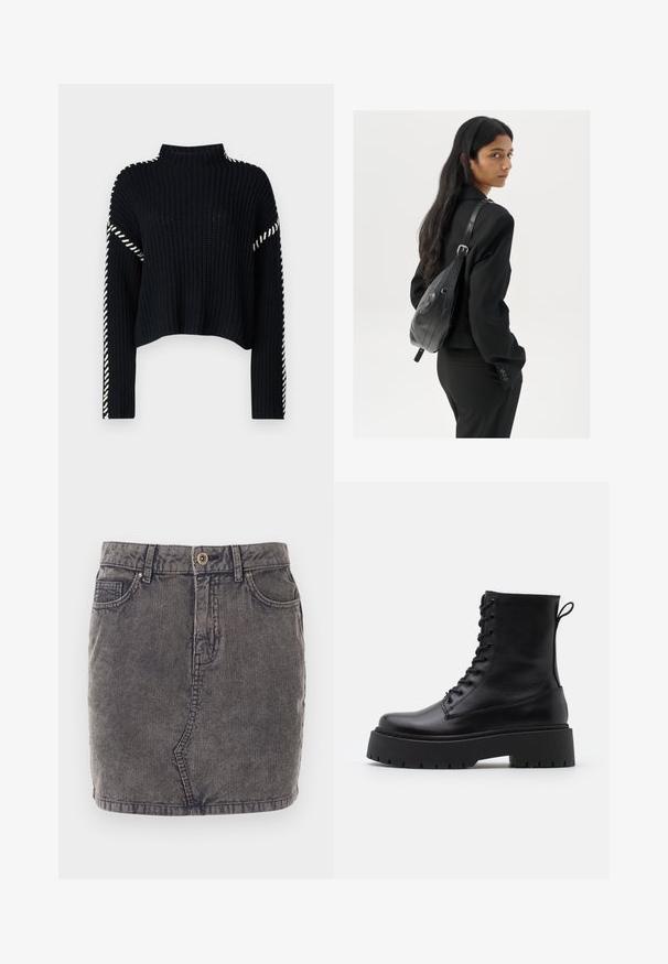 Vero Moda VMNEWCREAM FUNNELNECK PULLOVER - Džemperis - black/birch; Pelēka džinsu svārki ar vertikālu ribotu tekstūru, kas aprīkoti ar priekšējo pogu aizdari, divām sānu kabatām un taisnu apakšmalu.; Melni ādas potītēm zābaki ar apļveida purngalu, auklām priekšpusē un biezu gumijas zoli ar teksturētu protektoru. Velkšanas cilpa aizmugurē.; Sieviete ar garām tumšām matiem, ģērbusies melnā uzvalkā, nēsā melnu ādas plecu somu un skatās pāri plecam uz balta fona.