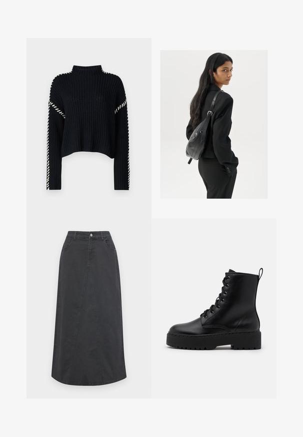 Vero Moda VMNEWCREAM FUNNELNECK PULLOVER - Vesta - black/birch; Crna traper suknja ravnog kroja, s prednjim detaljem, dva džepa, petlje za remen i kopčom na prednjem dijelu struka.; Crne kožne gležnjače s debelim, teksturiranim potplatom, okruglim vrhom i metalnim rupama za vezivanje. Imaju oznaku za povlačenje straga.; Žena s dugom tamnom kosom koja nosi crno odijelo, drži crnu kožnu torbu preko ramena i gleda unazad na bijeloj pozadini.