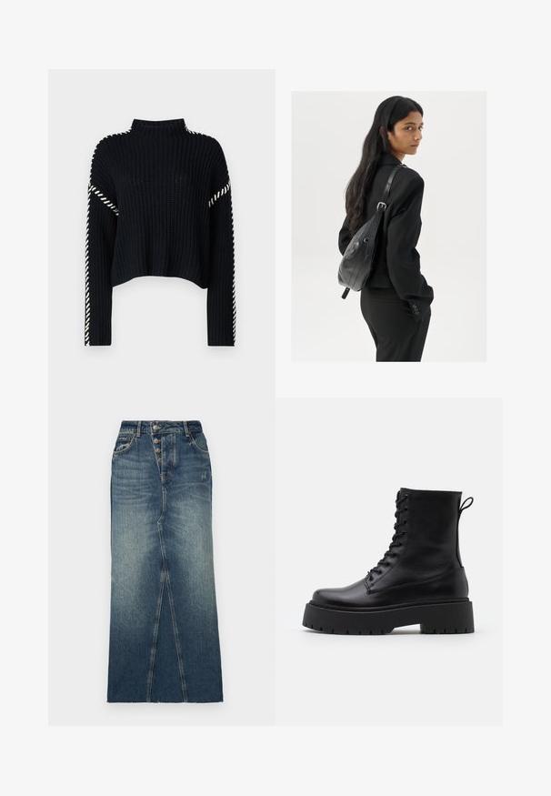 Vero Moda VMNEWCREAM FUNNELNECK PULLOVER - Svetr - black/birch; Džínová midi sukně v tmavě modré barvě s předním rozparkem, zapínáním na pět knoflíků a klasickými detaily šití džínů.; Černé kožené kotníkové boty s kulatou špičkou, šněrováním na přední straně a silnou gumovou podešví s texturovaným vzorkem. S poutkem vzadu.; Žena s dlouhými tmavými vlasy, oblečená v černém obleku, nese černou koženou kabelku přes rameno a dívá se přes rameno na bílém pozadí.