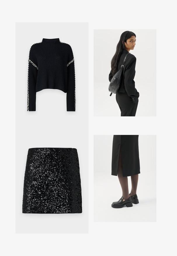 Vero Moda VMNEWCREAM FUNNELNECK PULLOVER - Džemper - black/birch; Mustaline sädelev seelik, millel on tekstureeritud pind, millel on gradientmuster tihedatest kuni haruldaste sädemeteni, sirge lõige ja nähtamatute kinnitusteta.; Mustad mustad jalatsid ümmarguse varbaga, paksu plokkniidi ja elastsete külgdetailidega, kombineeritud tumedate sukkade ja musta lõhikuga seelikuga.; Pikkade tumehaired naine mustas ülikonnas, kandes musta nahast õlakotti, vaatab üle õla valge tausta taustal.; Kulla värvi nõelad, õhukesed ja ümmargused, millel on sile metallist pind ja ilma kaunistuste või mustriteta.