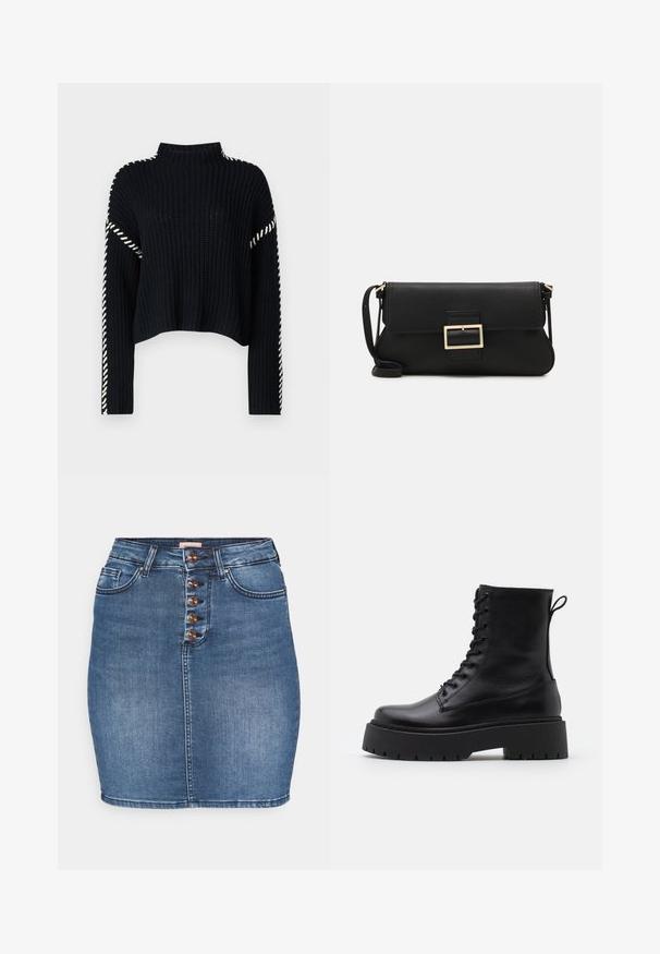 Vero Moda VMNEWCREAM FUNNELNECK PULLOVER - Džemperis - black/birch; Vidutinio mėlynumo džinsinė sijonas su figūrą apimančiu siluetu. Su penkių mygtukų priekinio uždarymo, dviem priekinėmis kišenėmis ir siuvinėtu kraštu.; Juodos odinės aulinukės su apvalia nosimi, raišteliais priekyje ir storesniu guminio pado apačioje su tekstūruotu raštu. Priekyje yra kilputė.; Juodas odinis dėkliukas su atvarteliu ir auksinės metalinės sagties detalėmis. Įeina juodas diržas ir elegantiškas, minimalistinis dizainas.; Aukso spalvos žiedo auskarai, ploni ir apvalūs, su lygiu metaliniu paviršiumi be papuošimų ar raštų.