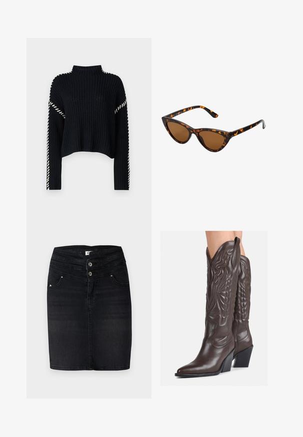 Vero Moda VMNEWCREAM FUNNELNECK PULLOVER - Jumper - black/birch; Black denim skirt featuring a fitted design, two buttons at the waist, and front pockets with a subtle logo detail on the side.; Brown leather cowboy boots with pointed toe and block heel, featuring detailed stitching and raised accents on the shaft.; Cat-eye sunglasses with a black and orange tortoiseshell frame, brown lenses, and sleek, pointed tips. Features a minimal logo on the temple.; Black leather clutch bag with a flap and a gold metal buckle detail. Includes a black strap and a sleek, minimalist design.