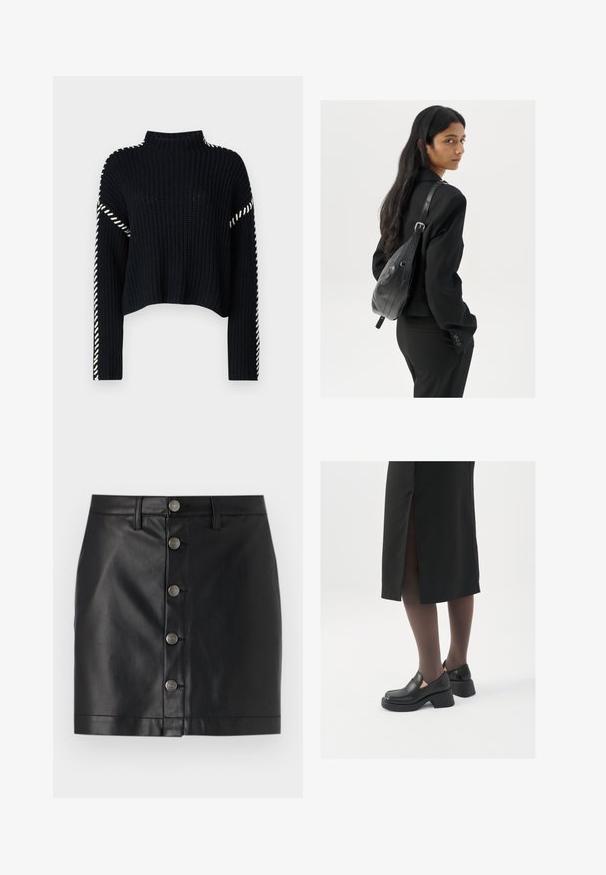 Vero Moda VMNEWCREAM FUNNELNECK PULLOVER - Svetrík - black/birch; Čierna kožená sukňa so priliehavým strihom, s piatimi striebornými kovovými gombíkmi na prednej strane a rovnou lemovaním. Hladká textúra.; Čierne kožené topánky s okrúhlou špičkou, silným blokovým opätkom a elastickými bočnými akcentmi, skombinované s tmavými pančuchami a čiernou sukňou so štiepením.; Žena s dlhými tmavými vlasmi, oblečená v čiernom obleku, nesúca čiernu koženú kabelku na ramene, pozerajúca cez rameno na bielom pozadí.