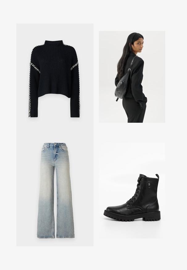 Vero Moda VMNEWCREAM FUNNELNECK PULLOVER - Maglione - black/birch; Jeans ampi di colore blu chiaro in denim, con vita alta, cinque tasche e cuciture visibili lungo le cuciture.; Stivale alla caviglia in pelle nera con design stringato, punta rotonda, suola in gomma spessa e logo impresso sul lato. Finitura texture.; Donna con lunghi capelli scuri, vestita con un completo nero, che porta una borsa a tracolla in pelle nera, mentre guarda oltre la spalla su uno sfondo bianco.