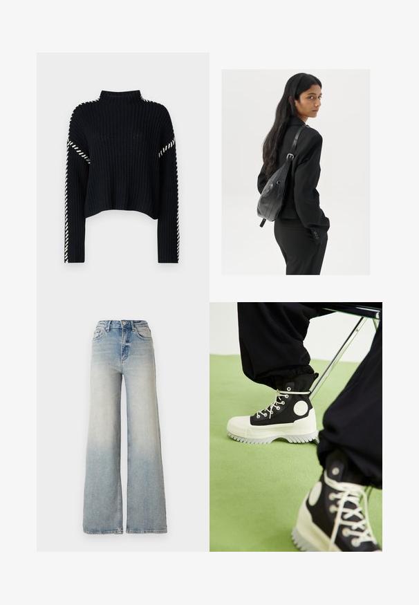 Vero Moda VMNEWCREAM FUNNELNECK PULLOVER - Pullover - black/birch; Jeans large en denim bleu clair, à taille haute, avec cinq poches et couture visible le long des coutures.; Converse CHUCK TAYLOR ALL STAR LUGGED 2.0 PLATFORM COUNTER CLIMATE EXTRA HIGH - Bottines à lacets - black/egret; Femme avec de longs cheveux foncés portant un costume noir, portant un sac à épaule en cuir noir, regardant par-dessus son épaule contre un fond blanc.