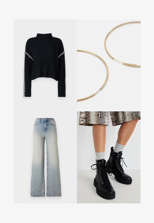 Vero Moda VMNEWCREAM FUNNELNECK PULLOVER - Striktrøje - black/birch; Lyseblå vid jeans lavet af denim, med høj talje, fem lommer og synlige sømme langs sømmene.; Steve Madden GUSTO - Plateaustøvletter - black; Guldfarvede hoops øreringe, tynde og runde i formen, med en glat metallisk finish uden udsmykninger eller mønstre.