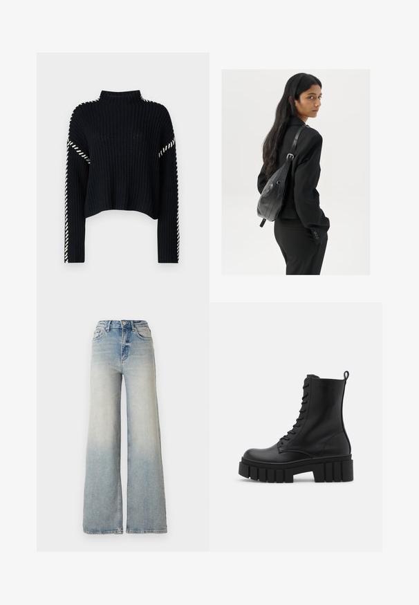 Vero Moda VMNEWCREAM FUNNELNECK PULLOVER - Svetr - black/birch; Světle modré široké džínsy vyrobené z denimu, s vysokým pasem, pěti kapsami a viditelným švem podél švů.; Černá kožená kotníková obuv s robustní, rýhovanou podrážkou, šněrováním vpředu a poutkem na hladkém bílém pozadí.; Žena s dlouhými tmavými vlasy, oblečená v černém obleku, nese černou koženou kabelku přes rameno a dívá se přes rameno na bílém pozadí.