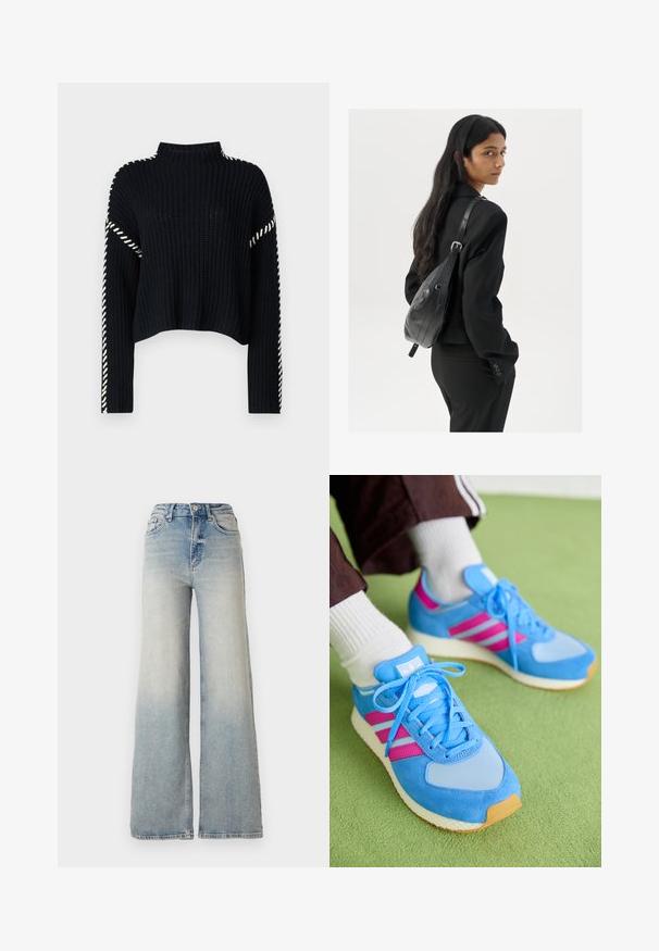 Vero Moda VMNEWCREAM FUNNELNECK PULLOVER - Pulover - black/birch; Svijetloplave široke traperice s visokim strukom, koje imaju pet džepova i vidljivo šivanje uz šavove.; Modre športne čevlje iz usnja in mrežastega materiala, s roza črtami, okroglo konico in teksturiranim gumijastim podplatom. Vezalke so svetlo modre.; Ženska z dolgimi temnimi lasmi, oblečena v črn kostim, nosi črno usnjeno torbo čez ramo in se ozira čez ramo proti beli podlagi.