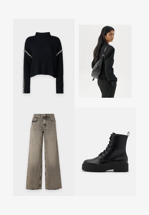 Vero Moda VMNEWCREAM FUNNELNECK PULLOVER - Camisola - black/birch; Jeans de perna larga em denim cinza desbotado, com cintura alta, design de cinco bolsos e detalhes de bainha desfiada. Acessórios em cobre.; Botim de tornozelo em couro preto com uma sola grossa e texturizada, bico redondo e ilhós de metal para os atacadores. Apresenta uma aba na parte traseira.; Mulher com cabelo longo e escuro, vestindo um fato preto, carregando uma mala de ombro em pele preta, olhando por cima do ombro contra um fundo branco.