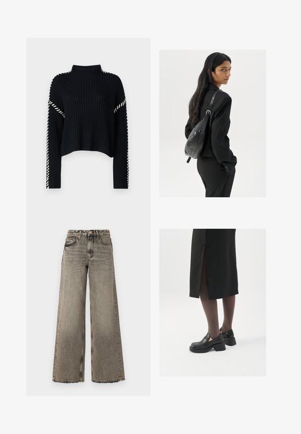 Vero Moda VMNEWCREAM FUNNELNECK PULLOVER - Svetrík - black/birch; Džínsy s širokými nohavicami v bledosivom denime, s vysokým pásom, dizajnom s piatimi vreckami a strapcovým detailom na leme. Mesiacové kovové akcenty.; Čierne kožené topánky s okrúhlou špičkou, silným blokovým opätkom a elastickými bočnými akcentmi, skombinované s tmavými pančuchami a čiernou sukňou so štiepením.; Žena s dlhými tmavými vlasmi, oblečená v čiernom obleku, nesúca čiernu koženú kabelku na ramene, pozerajúca cez rameno na bielom pozadí.; Strieborné kruhové náušnice s minimalistickým dizajnom. Cirkulárny tvar, hladký povrch a tenký profil. Ľahké s lesklým povrchom.