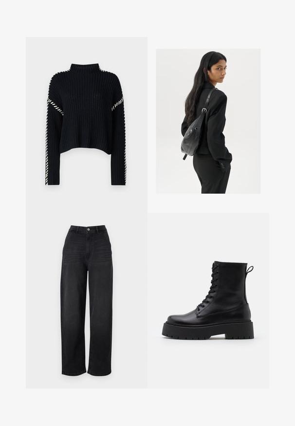 Vero Moda VMNEWCREAM FUNNELNECK PULLOVER - Džemperis - black/birch; ONLY ONLGIA LOOSE BAGGY - Laisvo kirpimo džinsai - washed black; Juodos odinės aulinukės su apvalia nosimi, raišteliais priekyje ir storesniu guminio pado apačioje su tekstūruotu raštu. Priekyje yra kilputė.; Moteris su ilgais tamsiais plaukais, vilkinti juodą kostiumą, nešanti juodą odinę rankinę per petį, žvelgia per petį prieš balto fono.