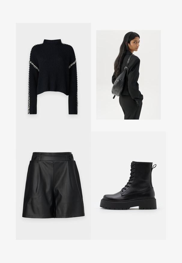 Vero Moda VMNEWCREAM FUNNELNECK PULLOVER - Džemperis - black/birch; Juoda dirbtinio odos šortai su raukšlėtu priekiu, plačiomis kojomis ir sagų detalėmis ant juosmens. Lygus tekstūra, pritaikytas dizainas.; Juodos odinės aulinukės su apvalia nosimi, raišteliais priekyje ir storesniu guminio pado apačioje su tekstūruotu raštu. Priekyje yra kilputė.; Moteris su ilgais tamsiais plaukais, vilkinti juodą kostiumą, nešanti juodą odinę rankinę per petį, žvelgia per petį prieš balto fono.