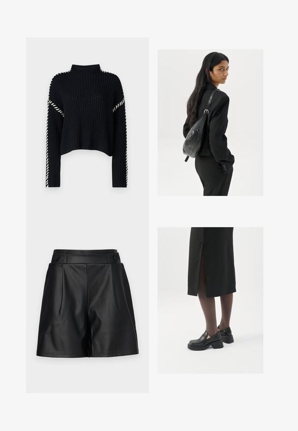 Vero Moda VMNEWCREAM FUNNELNECK PULLOVER - Džemper - black/birch; Must have faux nahk püksid, millel on volditud ees, laiad jalad ja nupud vöökohtadel. Sujuv tekstuur, kohandatud disain.; Mustad mustad jalatsid ümmarguse varbaga, paksu plokkniidi ja elastsete külgdetailidega, kombineeritud tumedate sukkade ja musta lõhikuga seelikuga.; Pikkade tumehaired naine mustas ülikonnas, kandes musta nahast õlakotti, vaatab üle õla valge tausta taustal.