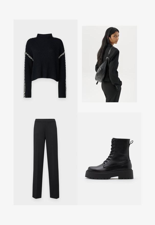 Vero Moda VMNEWCREAM FUNNELNECK PULLOVER - Pulóver - black/birch; ONLY ONLPEACH LIFE PULL UP PANT - Nadrágok - black; Fekete bőr bokacsizma, kerek orral, fűzős elülső résszel és vastag, texturált gumitalppal. Húzófül hátul.; Hosszú, sötét hajú nő fekete öltönyben, fekete bőrtáskával a vállán, a vállán át néz a fehér háttér előtt.