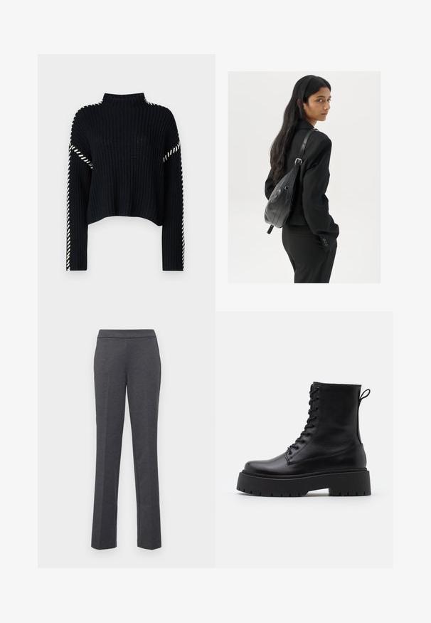 Vero Moda VMNEWCREAM FUNNELNECK PULLOVER - Vesta - black/birch; Sive hlače s ravnim krojem, glatke teksture i širokim pojasom. Ima bočne džepove za praktičnost.; Crne kožne gležnjače s okruglim vrhom, vezanjem sprijeda i debelim gumenim potplatom s teksturiranim uzorkom. Tipa: traka za vuču na stražnjoj strani.; Žena s dugom tamnom kosom koja nosi crno odijelo, drži crnu kožnu torbu preko ramena i gleda unazad na bijeloj pozadini.