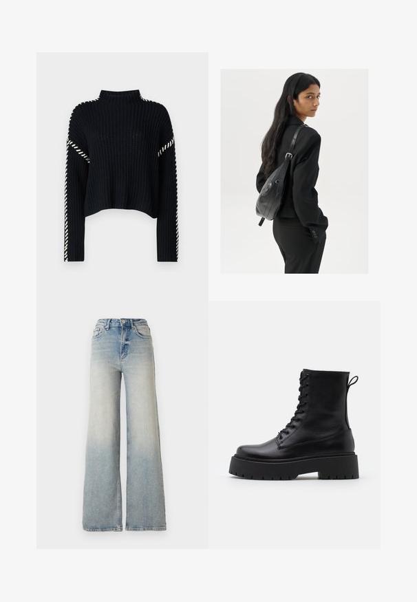 Vero Moda VMNEWCREAM FUNNELNECK PULLOVER - Džemperis - black/birch; Šviesiai mėlynus plačius džinsus, pagamintus iš džinsinio audinio, su aukštu liemeniu, penkiomis kišenėmis ir matomais siūlėmis.; Juodos odinės aulinukės su apvalia nosimi, raišteliais priekyje ir storesniu guminio pado apačioje su tekstūruotu raštu. Priekyje yra kilputė.; Moteris su ilgais tamsiais plaukais, vilkinti juodą kostiumą, nešanti juodą odinę rankinę per petį, žvelgia per petį prieš balto fono.