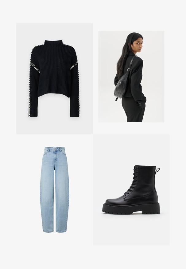 Vero Moda VMNEWCREAM FUNNELNECK PULLOVER - Camisola - black/birch; Calças de ganga azul claro, de cintura alta, com corte largo, feitas em denim. Apresentam pernas direitas, cinco bolsos e fecho de botões.; Botas de couro pretas até ao tornozelo, com bico redondo, atacador na frente e uma sola de borracha espessa com um padrão texturizado. Alça na parte de trás.; Mulher com cabelo longo e escuro, vestindo um fato preto, carregando uma mala de ombro em pele preta, olhando por cima do ombro contra um fundo branco.