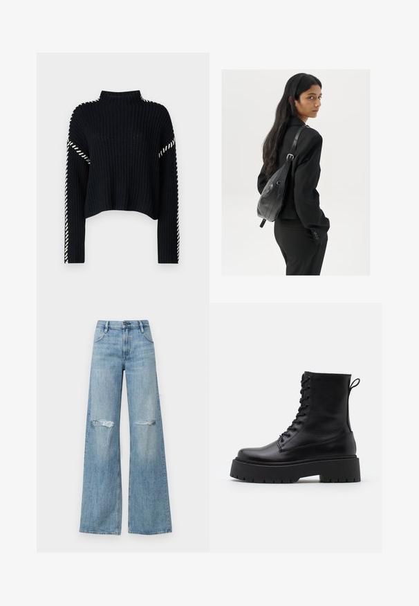 Vero Moda VMNEWCREAM FUNNELNECK PULLOVER - Vesta - black/birch; Svijetloplave visoko strukirane široke traperice s iznošenim rupama na koljenima, klasičnim dizajnom s pet džepova i zatvaranjem na patentni zatvarač s gumbom.; Crne kožne gležnjače s okruglim vrhom, vezanjem sprijeda i debelim gumenim potplatom s teksturiranim uzorkom. Tipa: traka za vuču na stražnjoj strani.; Žena s dugom tamnom kosom koja nosi crno odijelo, drži crnu kožnu torbu preko ramena i gleda unazad na bijeloj pozadini.